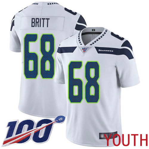 Seattle Seahawks Limited White Youth Justin Britt Road Jersey NFL Football 68 100th Season Vapor Untouchable